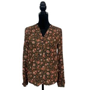 Treasure & Bond Womens XS Floral‎ V-Neck Long Sleeve Blouse Brown Pink Boho Top